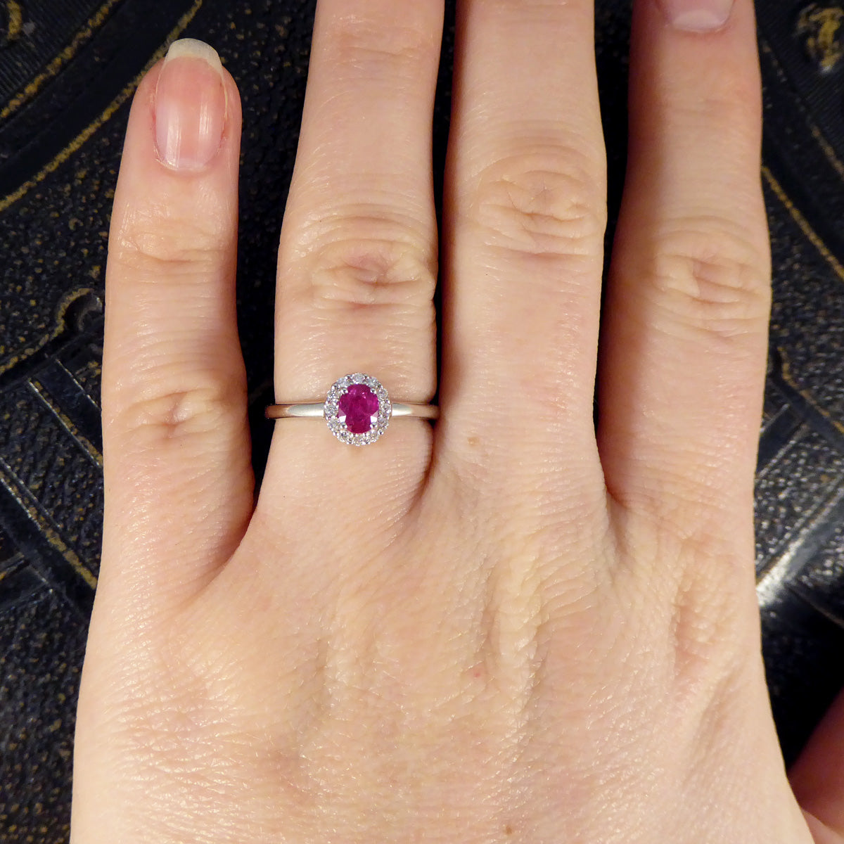 Modern Ruby and Diamond Cluster Ring in 18ct White Gold - Wharfedale Antiques