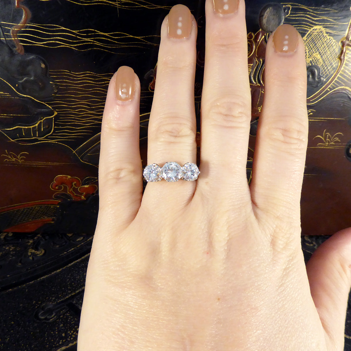 Vintage 3.20ct Brilliant Cut Diamond Three Stone Trilogy Ring in 18ct White Gold - Wharfedale Antiques