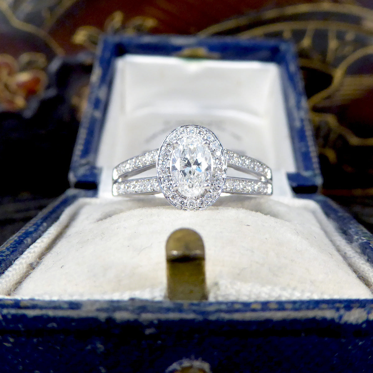 Oval Cut Diamond Cluster Ring with Diamond Set Double Strand Shoulders in 18ct White Gold