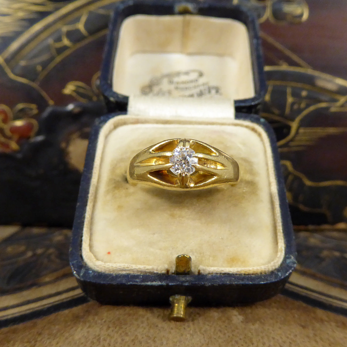 Late Victorian Old Cushion Cut Diamond Belcher Set Ring in 18ct Yellow Gold