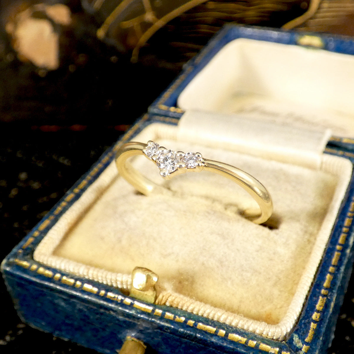 Fine and Dainty Diamond Set Mini Wishbone Ring in Yellow Gold - Wharfedale Antiques