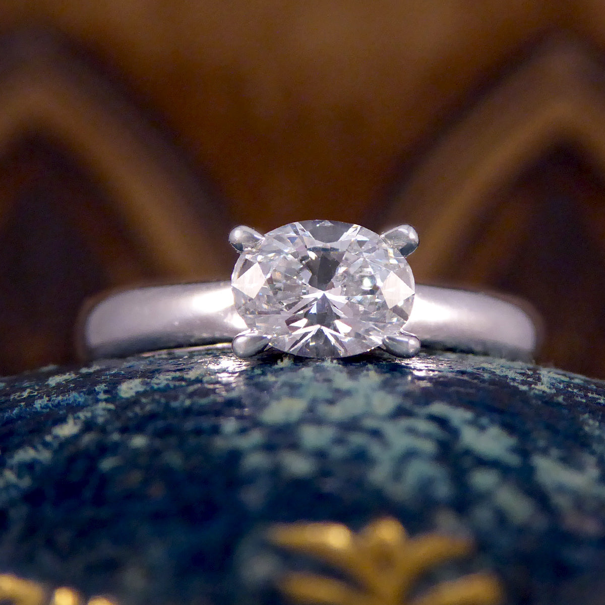 Oval Cut East West Diamond Solitaire Ring in 18ct White Gold - Wharfedale Antiques