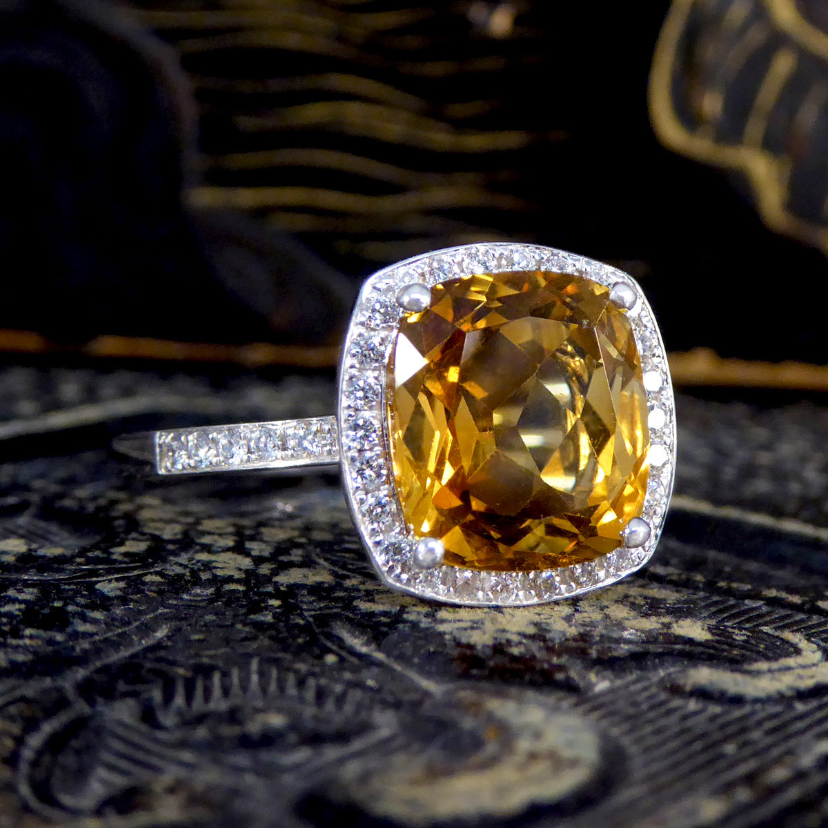 Firey 3.80ct Cushioned Citrene and Diamond Cluster Ring with Diamond Shoulders in 18ct White Gold - Wharfedale Antiques