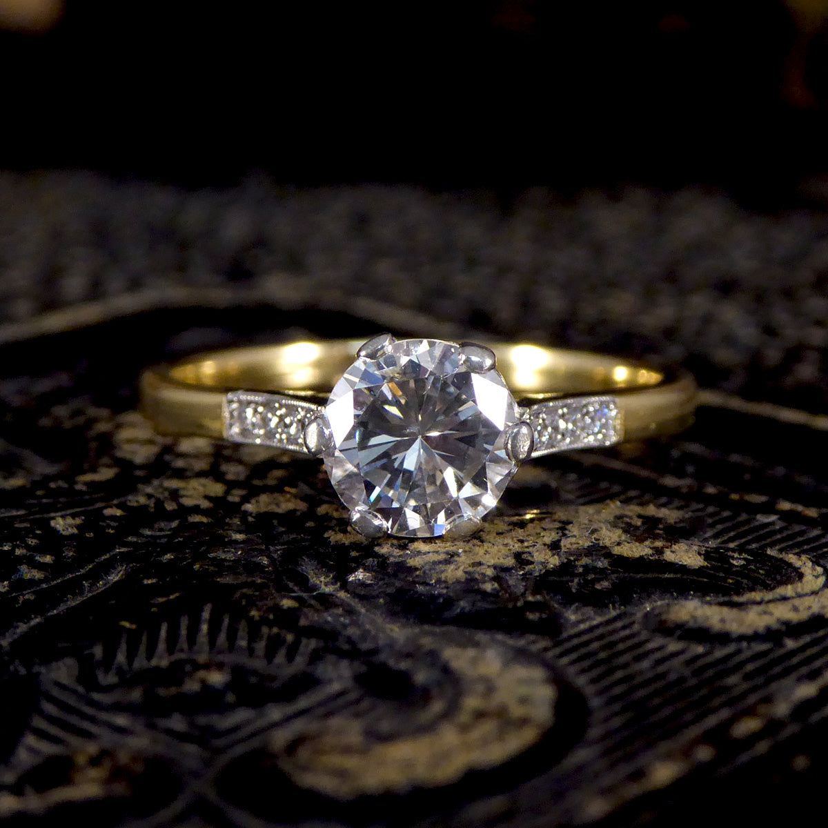 0.90ct Diamond Solitaire Engagement Ring in 18ct Yellow Gold and Platinum - Wharfedale Antiques