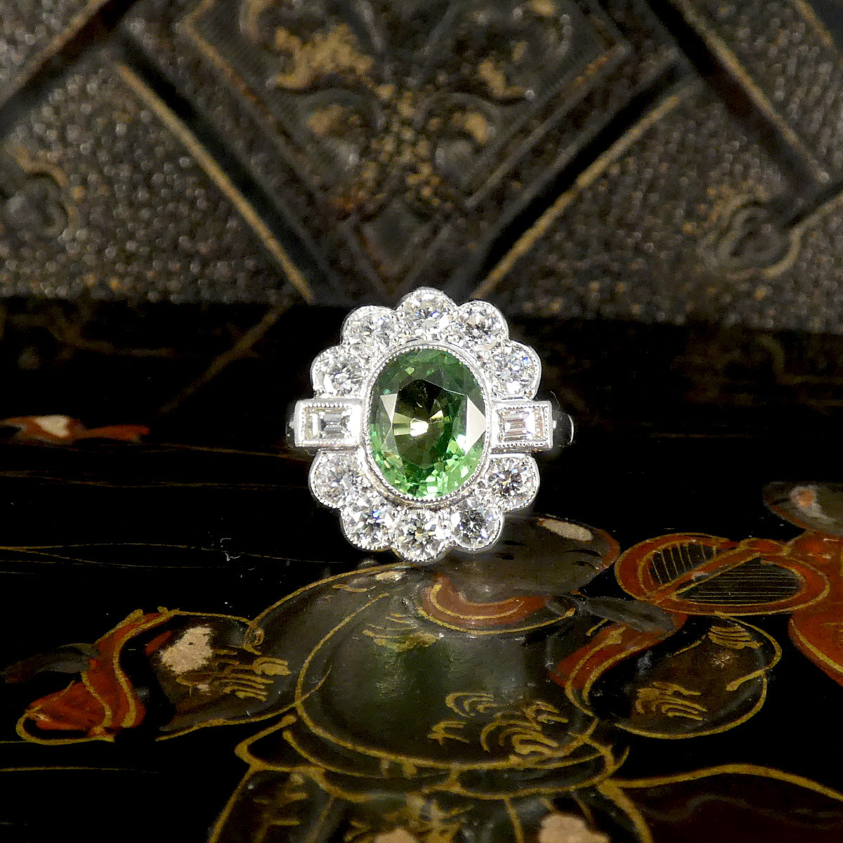 Edwardian Style 2.51ct Green Garnet and 1.20ct Diamond Cluster Ring in Platinum - Wharfedale Antiques
