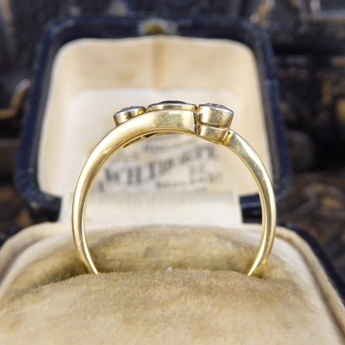 Edwardian Sapphire & Diamond Three Stone Crossover Ring in 18ct Gold and Platinum - Wharfedale Antiques