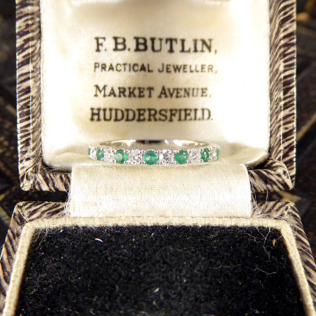 Emerald and Diamond Half Eternity Ring in White Gold - Wharfedale Antiques