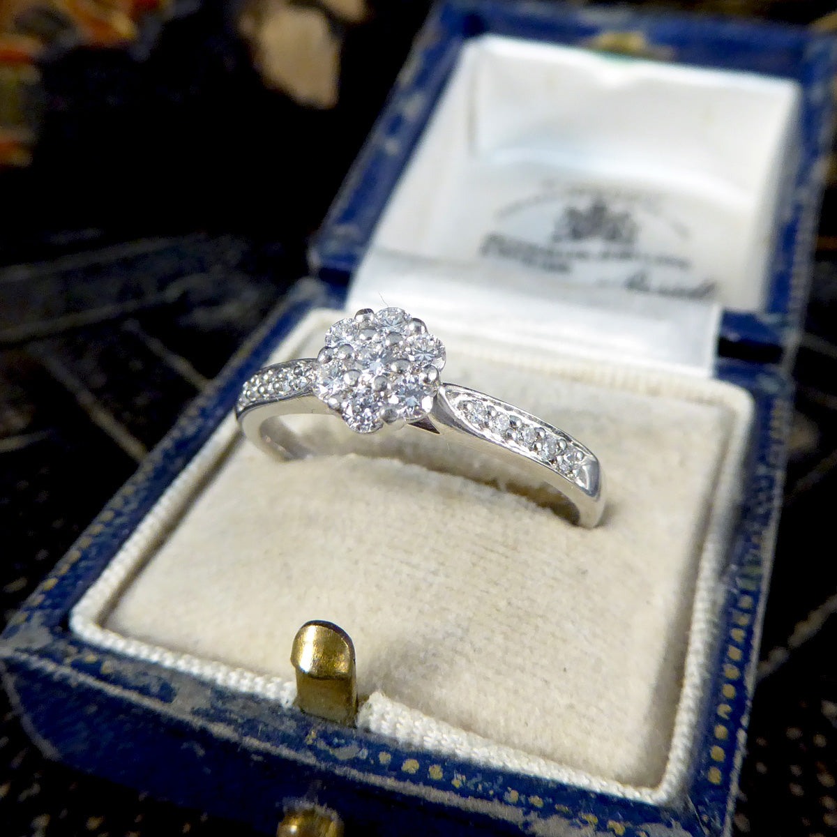 Daisy Diamond Cluster Ring with Diamond Shoulders in Platinum - Wharfedale Antiques