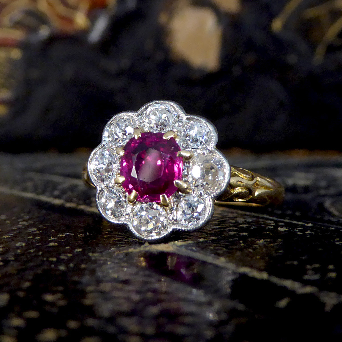 Late Victorian No Heat Burma Ruby and Diamond Cluster Ring in 18ct Yellow Gold