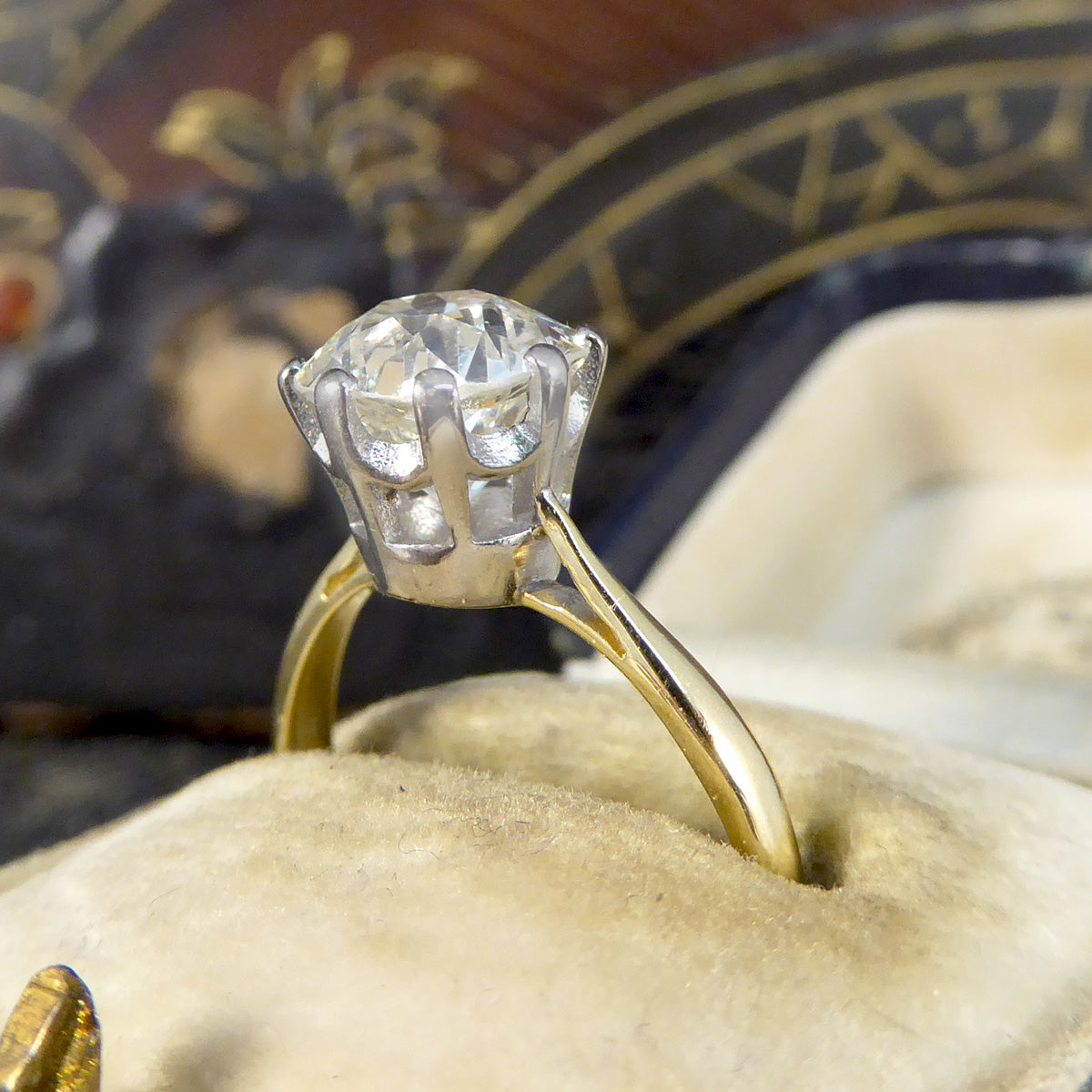 Over 2ct Old Cushion Cut Diamond Hight Set Solitaire Ring in 18ct Yellow and White Gold