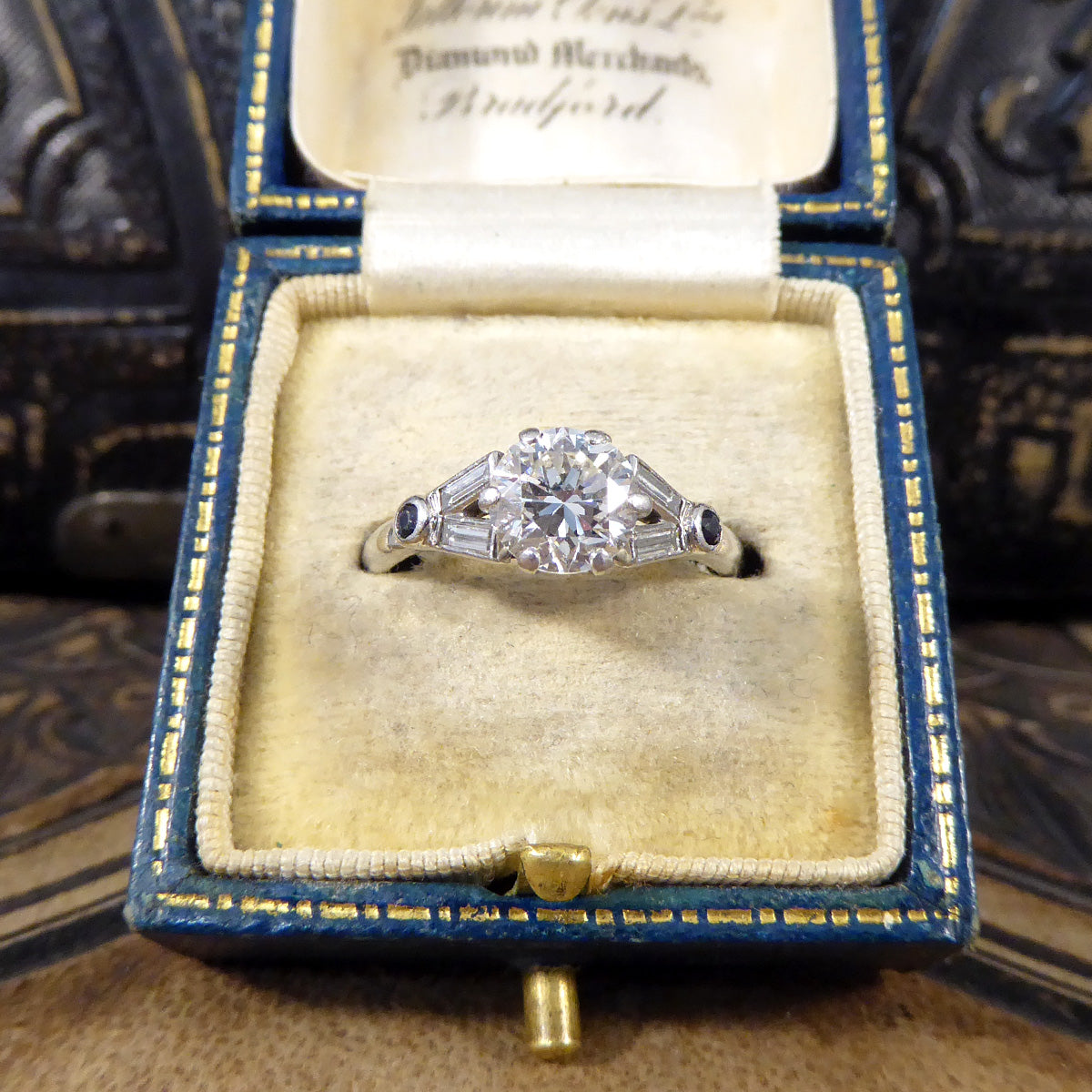 Art Deco 1.10ct Diamond Solitaire Engagement Ring with Diamond and Sapphire Shoulders in Platinum - Wharfedale Antiques