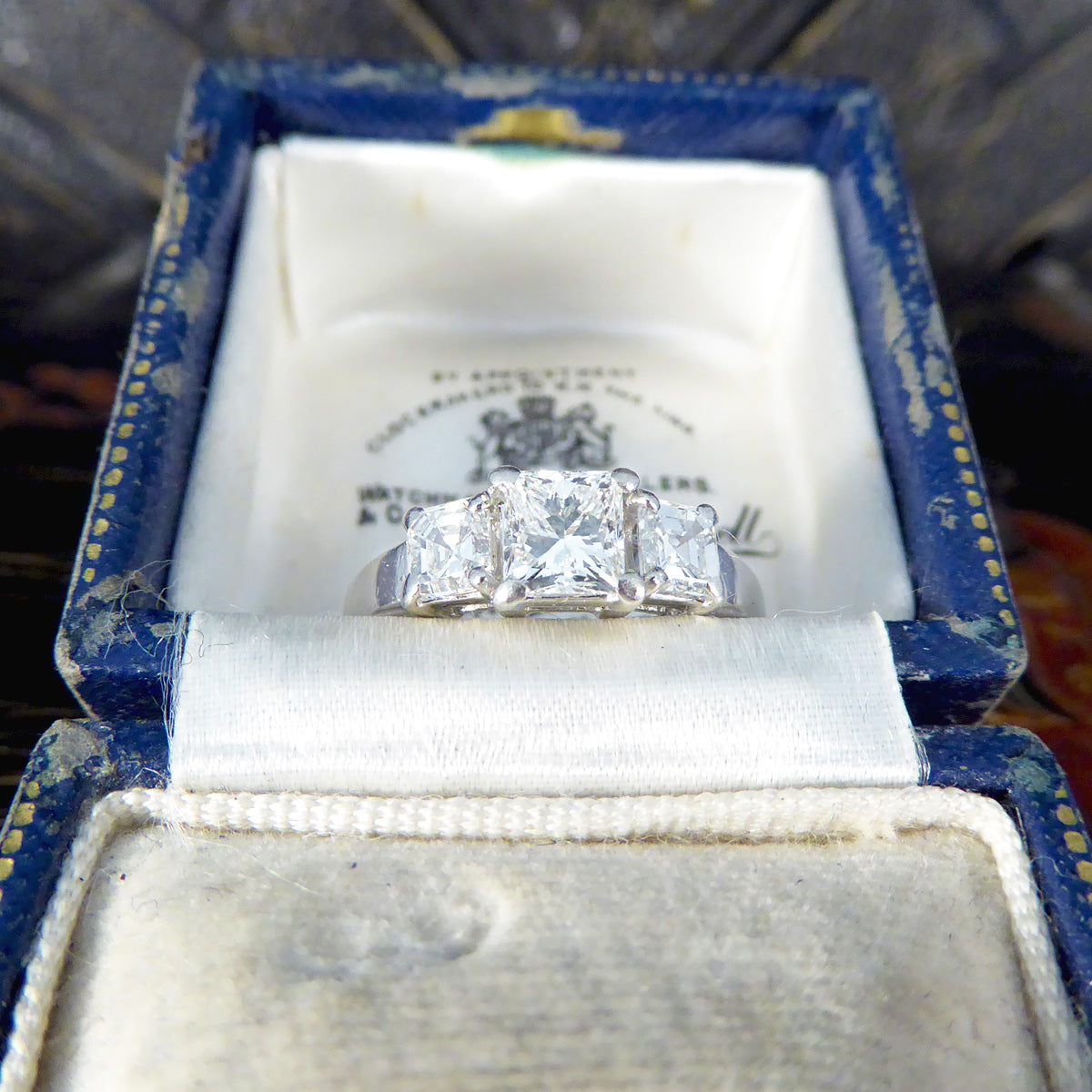 1.47ct Princess Cut and Asscher Cut Diamond Three Stone Ring in Platinum - Wharfedale Antiques