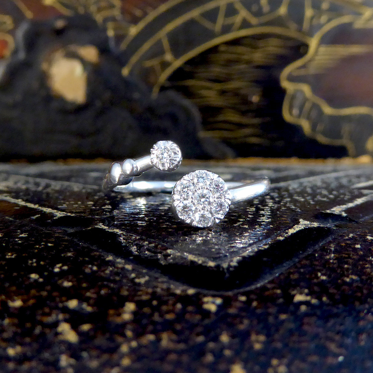 Diamond Daisy Cluster Torque Ring in White Gold - Wharfedale Antiques