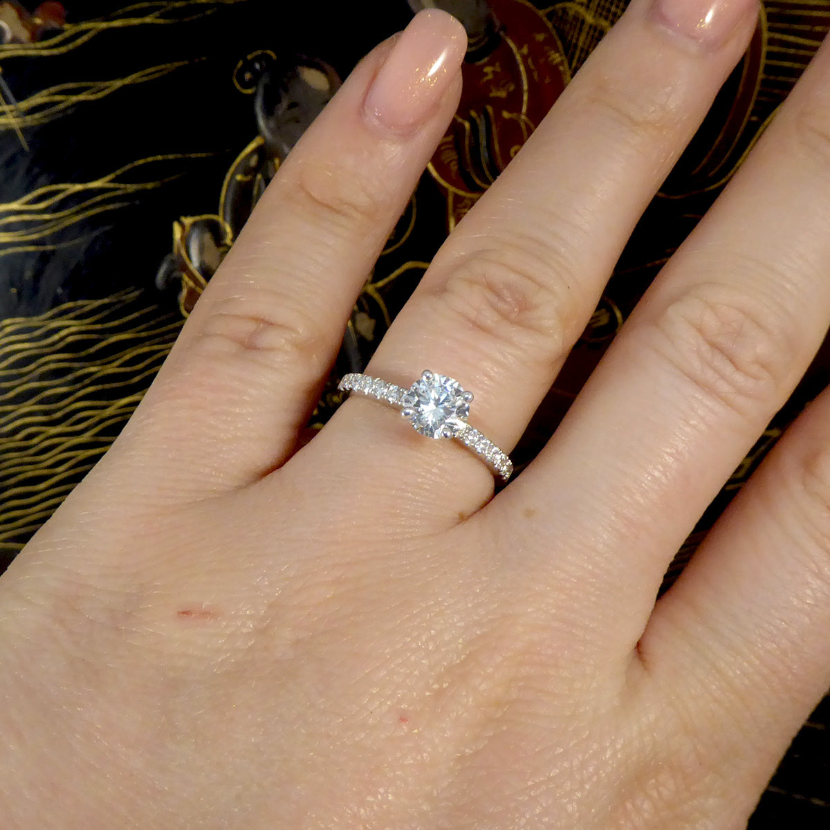 GIA Cert D Colour 0.90ct Brilliant Cut Diamond Solitaire Engagement Ring with Diamond Shoulders in 18ct White Gold - Wharfedale Antiques