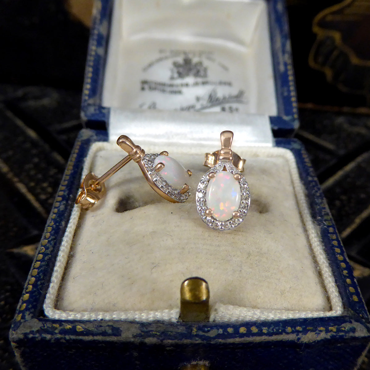 Opal and Diamond Cluster Drop Earrings in Rose Gold - Wharfedale Antiques
