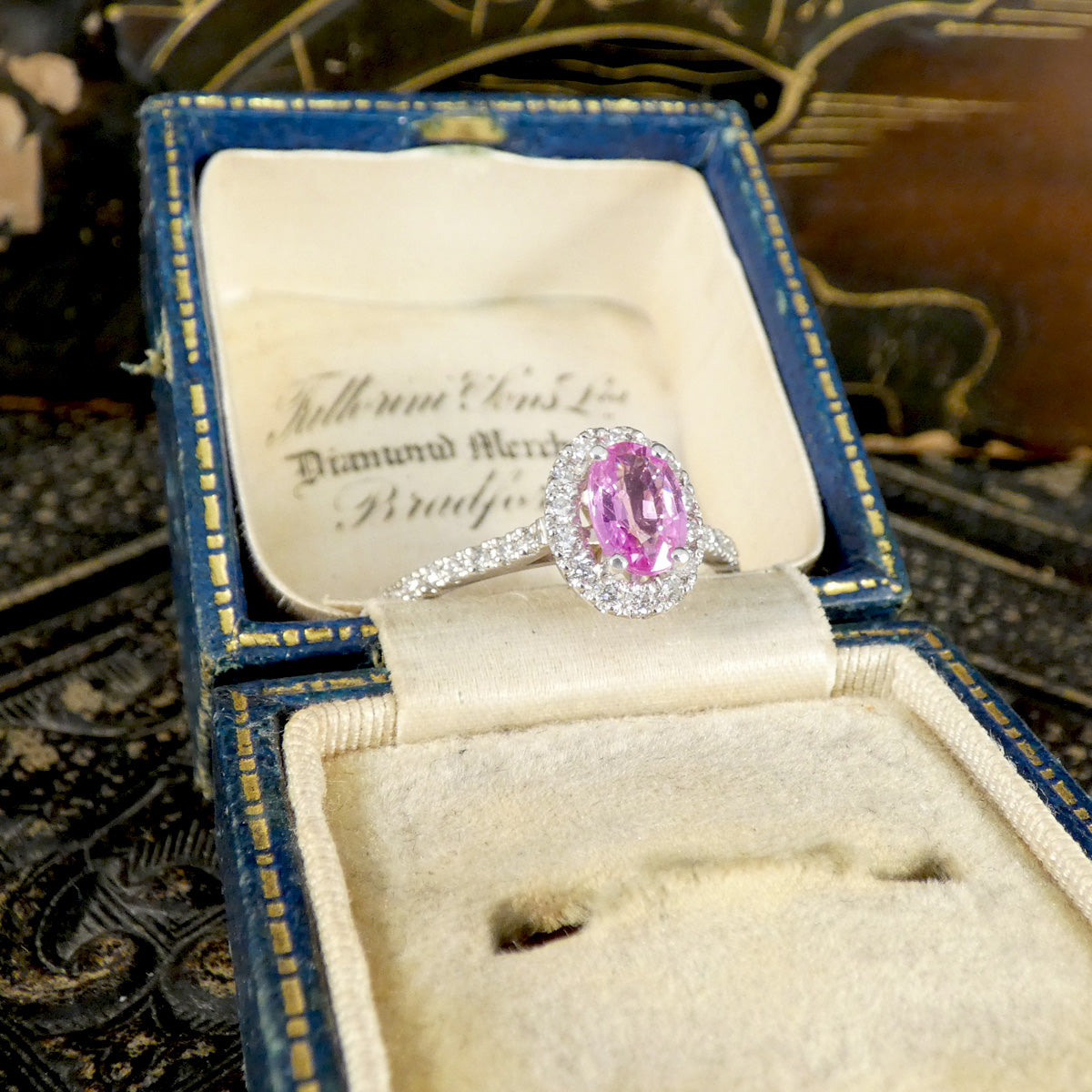 Pink Sapphire and Diamond Cluster Wedfit Ring with Diamond Shoulders in Platinum