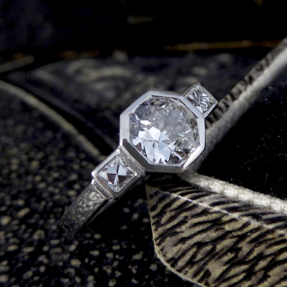 Old European and French Cut Diamond Octagon Design Three Stone Ring in Platinum - Wharfedale Antiques