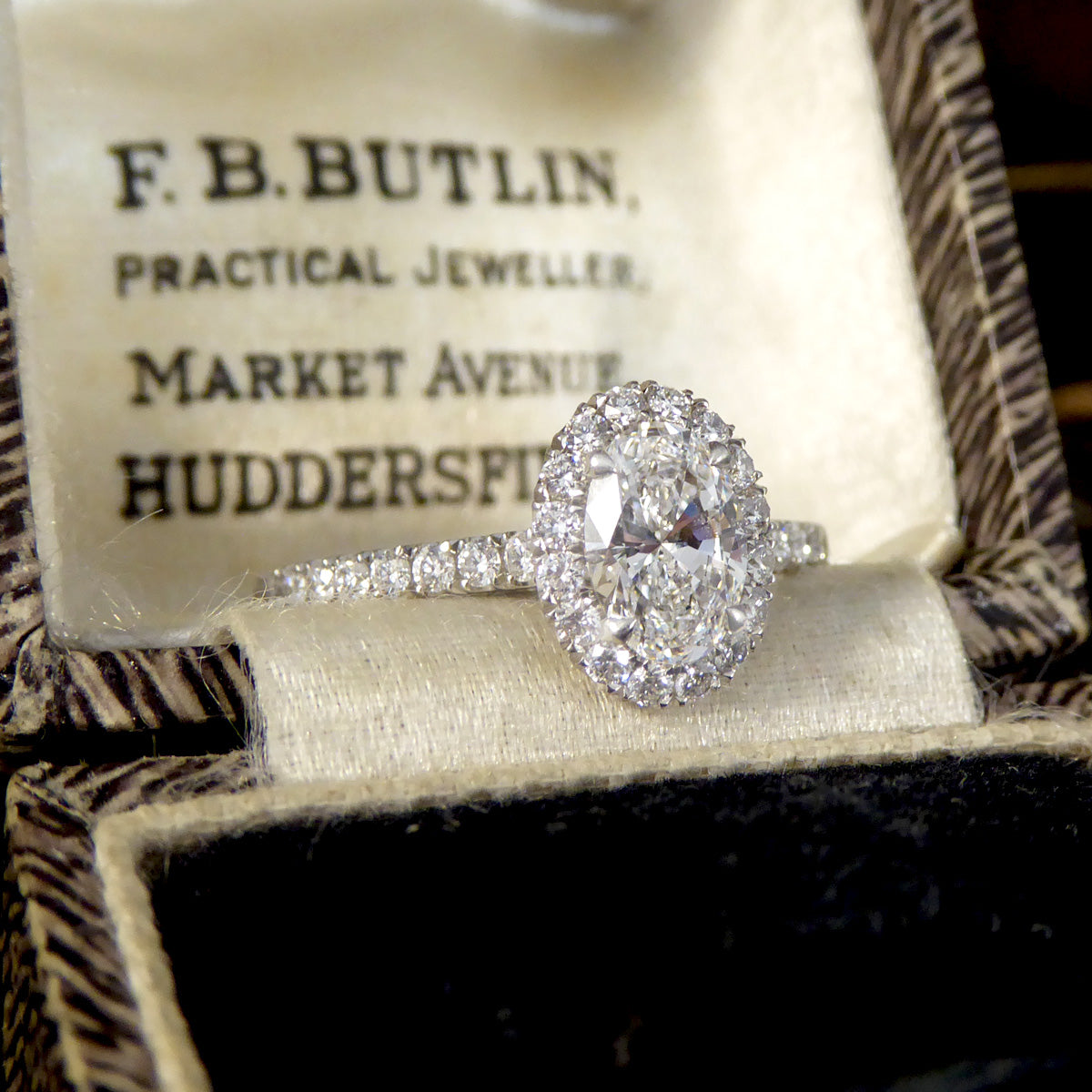 GIA D Colour Oval Cut Diamond Cluster ring with Diamond Shoulders in Platinum - Wharfedale Antiques