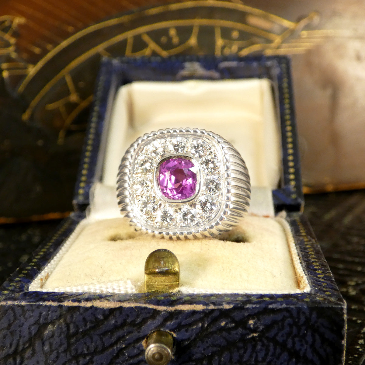 Chunky French Signet Ring with a Pink Sapphire and Diamond Cluster in Platinum - Wharfedale Antiques