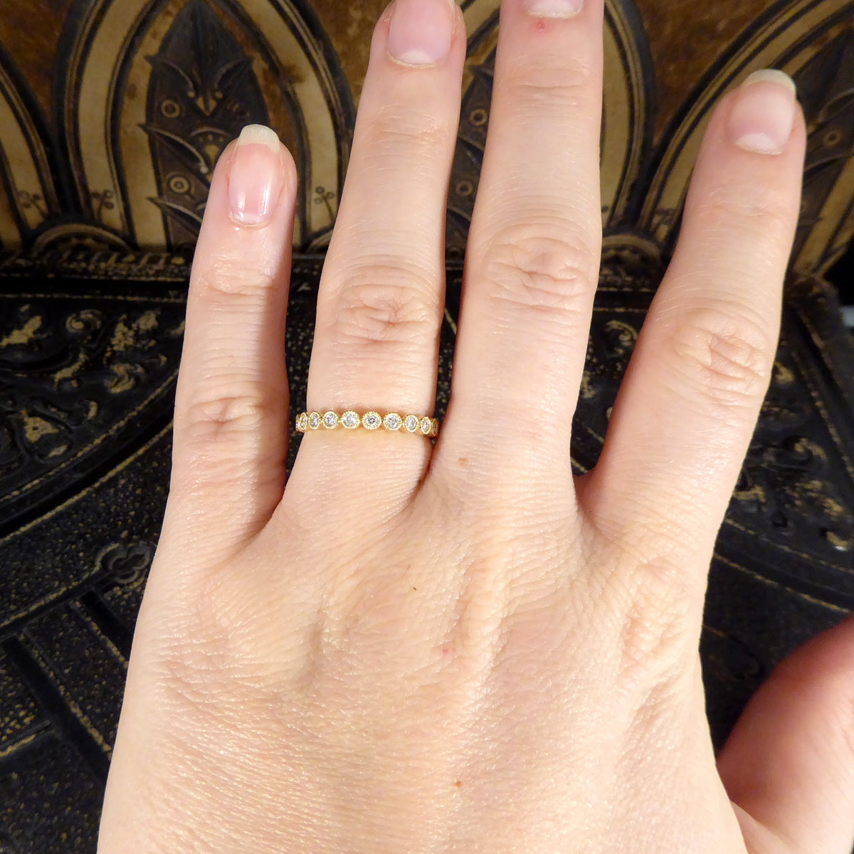 Diamond Half Eternity Ring in Circular Style Rub Over Collar Set Yellow Gold