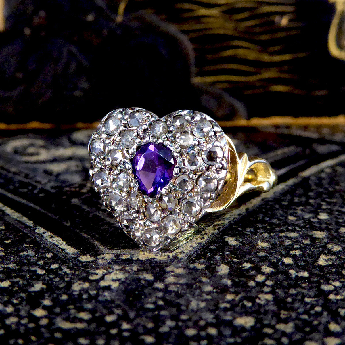 Early Victorian Style Amethyst and Rose Cut Diamond Heart Ring in 18ct Gold - Wharfedale Antiques