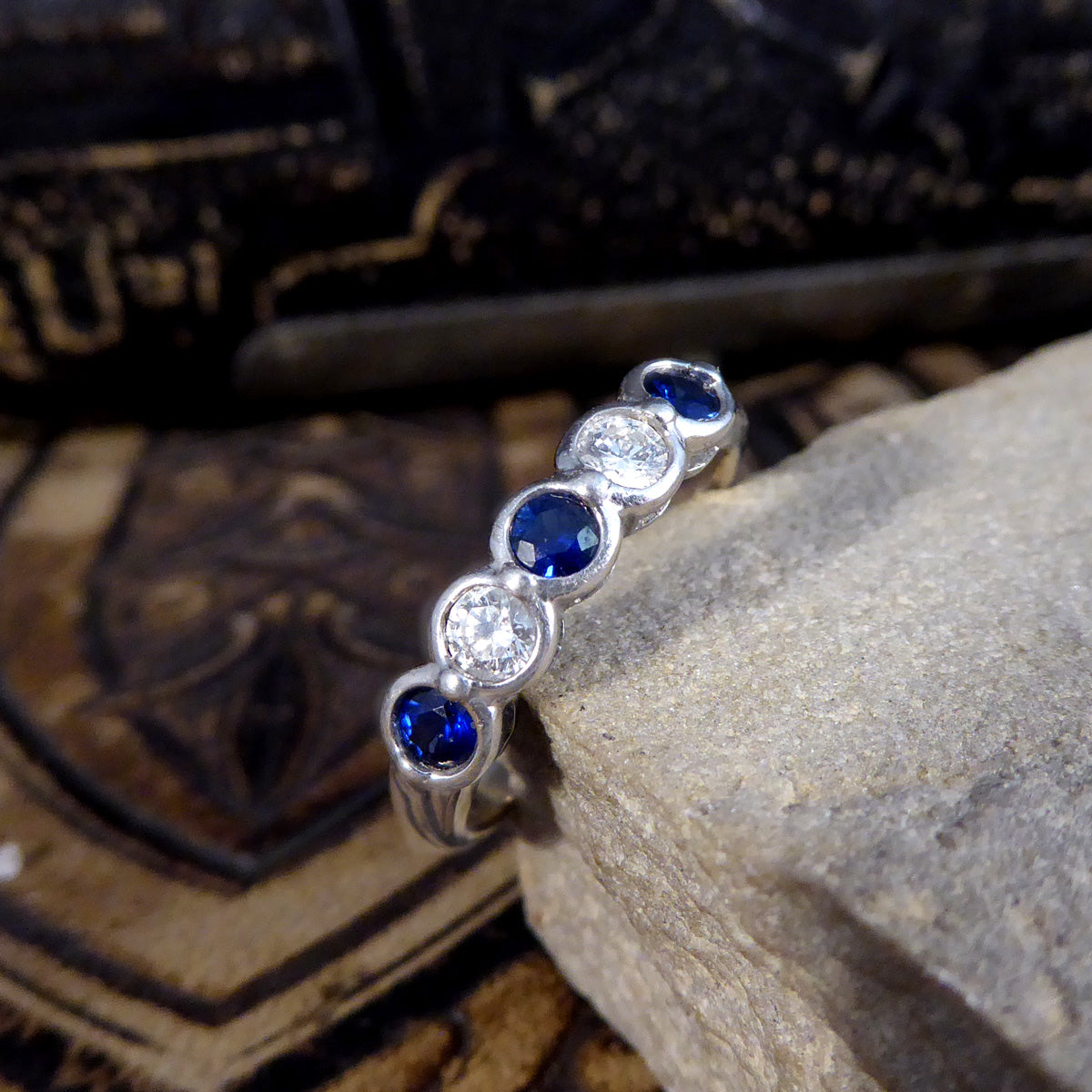 Sapphire and Diamond Bezel set Ring in 18ct White Gold - Wharfedale Antiques