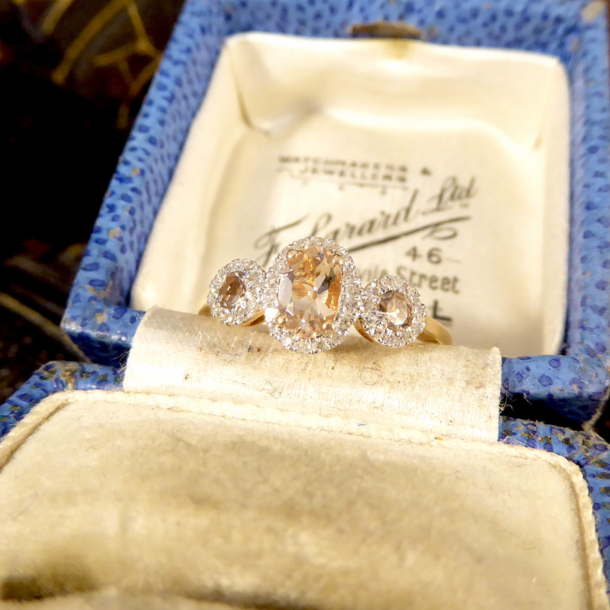Morganite and Diamond Triple Cluster Ring in Rose Gold - Wharfedale Antiques