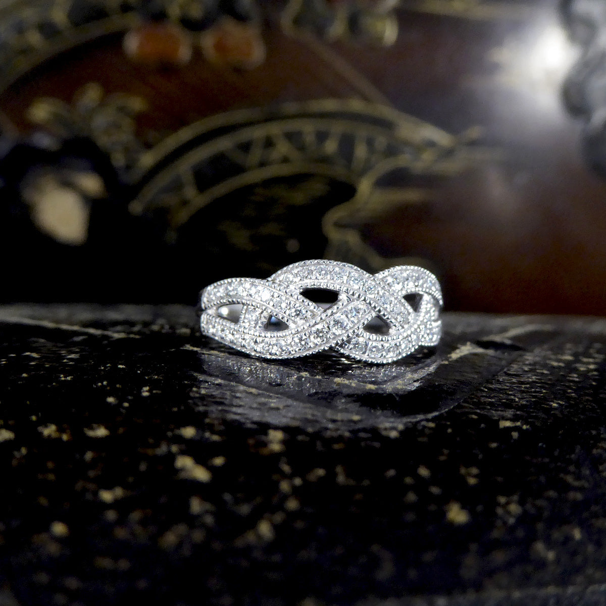 Diamond Set Milgrain Plait Half Eternity Ring in White Gold - Wharfedale Antiques