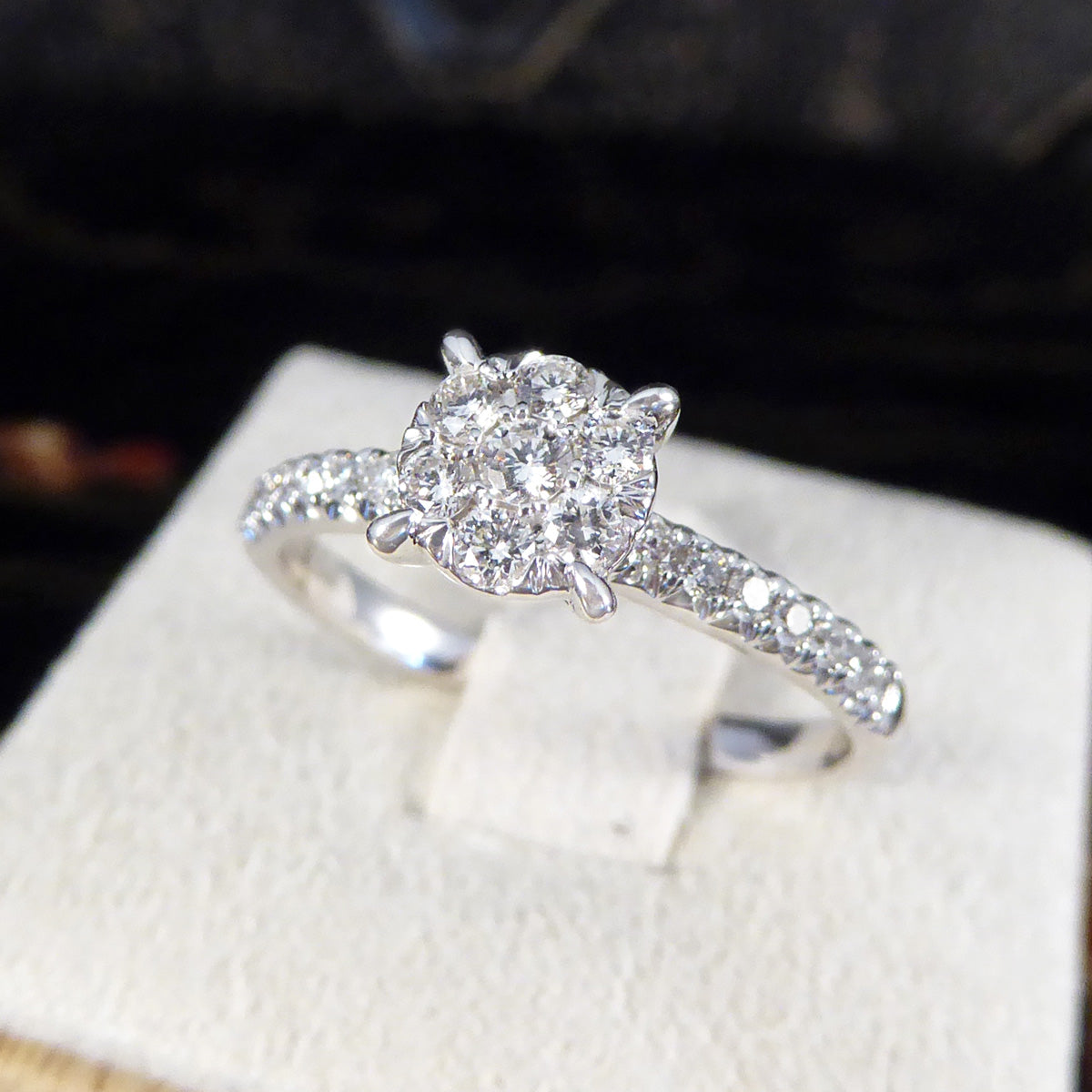 Solitaire Illusion set Diamond Cluster Ring in White Gold with Diamond Shoulders - Wharfedale Antiques