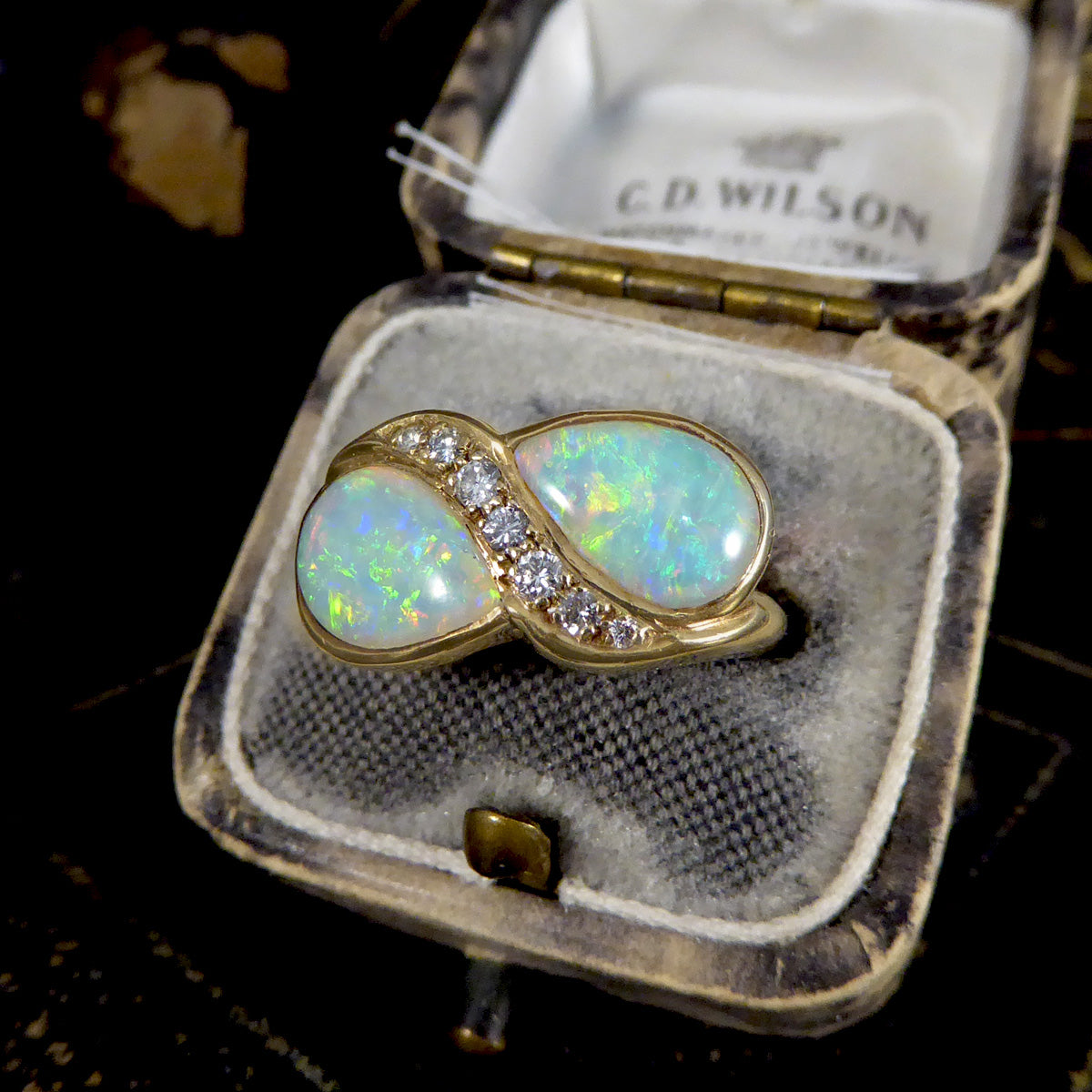 Vintage Pear Cut Opal and Diamond Toi Et Moi Style Ring in Yellow Gold - Wharfedale Antiques