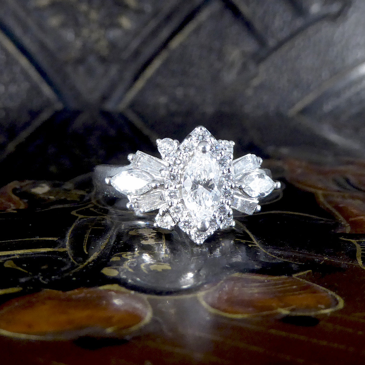 Contemporary 1.00ct Diamond Marquise Cluster Dress Ring in Platinum - Wharfedale Antiques