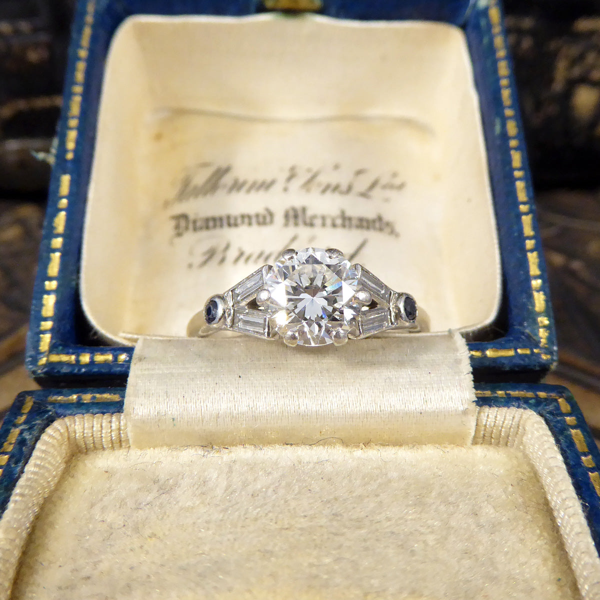 Art Deco 1.10ct Diamond Solitaire Engagement Ring with Diamond and Sapphire Shoulders in Platinum - Wharfedale Antiques