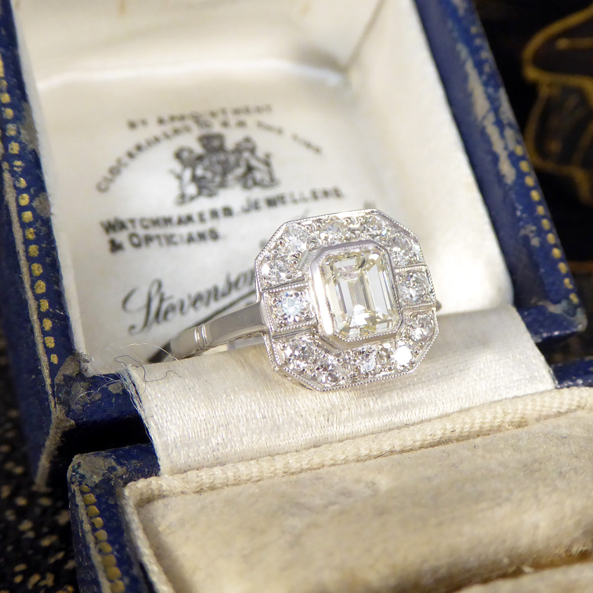 Art Deco Inspired Emerald Cut Diamond Cluster Ring in Platinum - Wharfedale Antiques