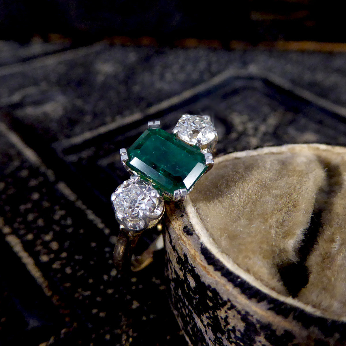 Edwardian Emerald and Diamond Trilogy Three Stone Ring in 18ct Yellow Gold and Platinum