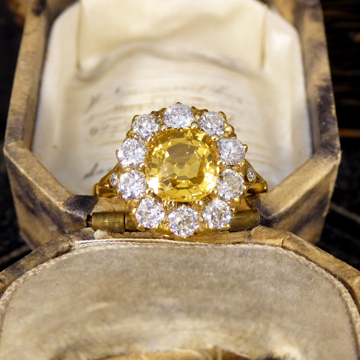 Antique Inspired 2.60ct Yellow Sapphire and Old Cut Diamond Cluster Ring in 18ct Yellow Gold