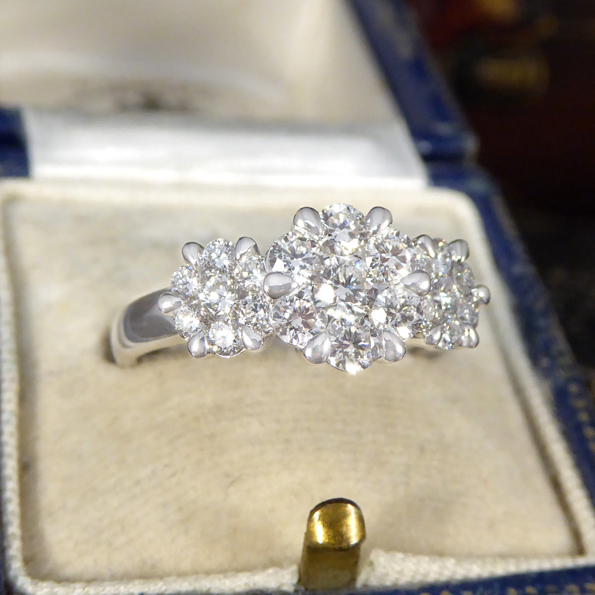 Diamond Triple Daisy Cluster Illusion Three Stone Ring in Platinum