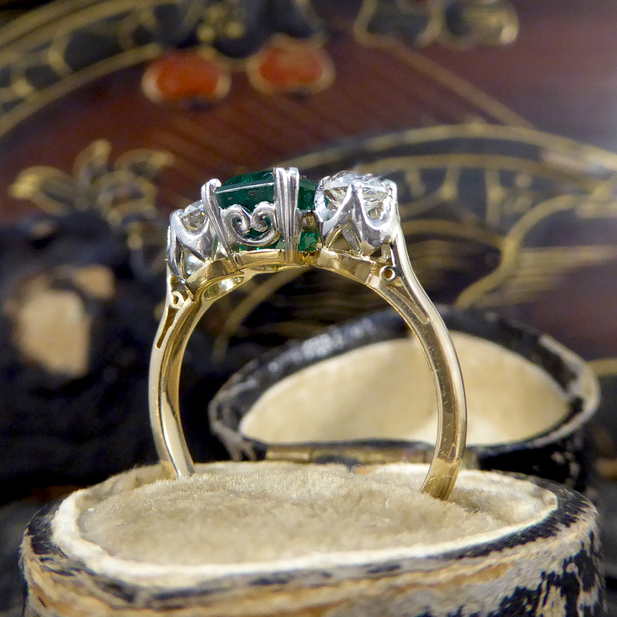 Edwardian Emerald and Diamond Trilogy Three Stone Ring in 18ct Yellow Gold and Platinum