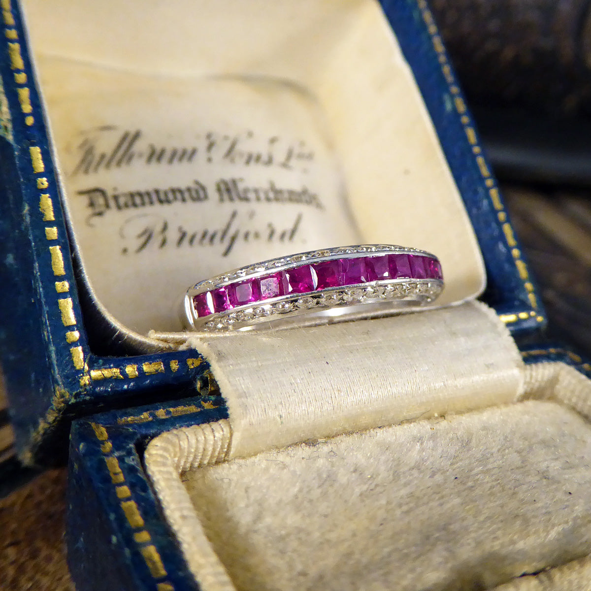 Ruby and Diamond Half Eternity Domed Ring in 18ct White Gold - Wharfedale Antiques