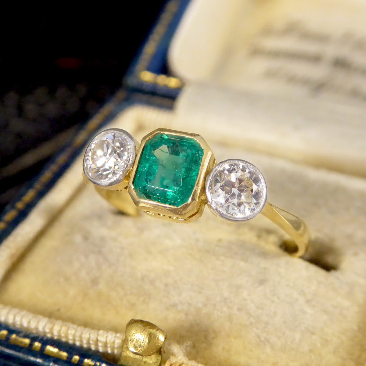 Emerald and Diamond Bezel Set Three Stone Ring in 18ct Yellow Gold and Platinum - Wharfedale Antiques
