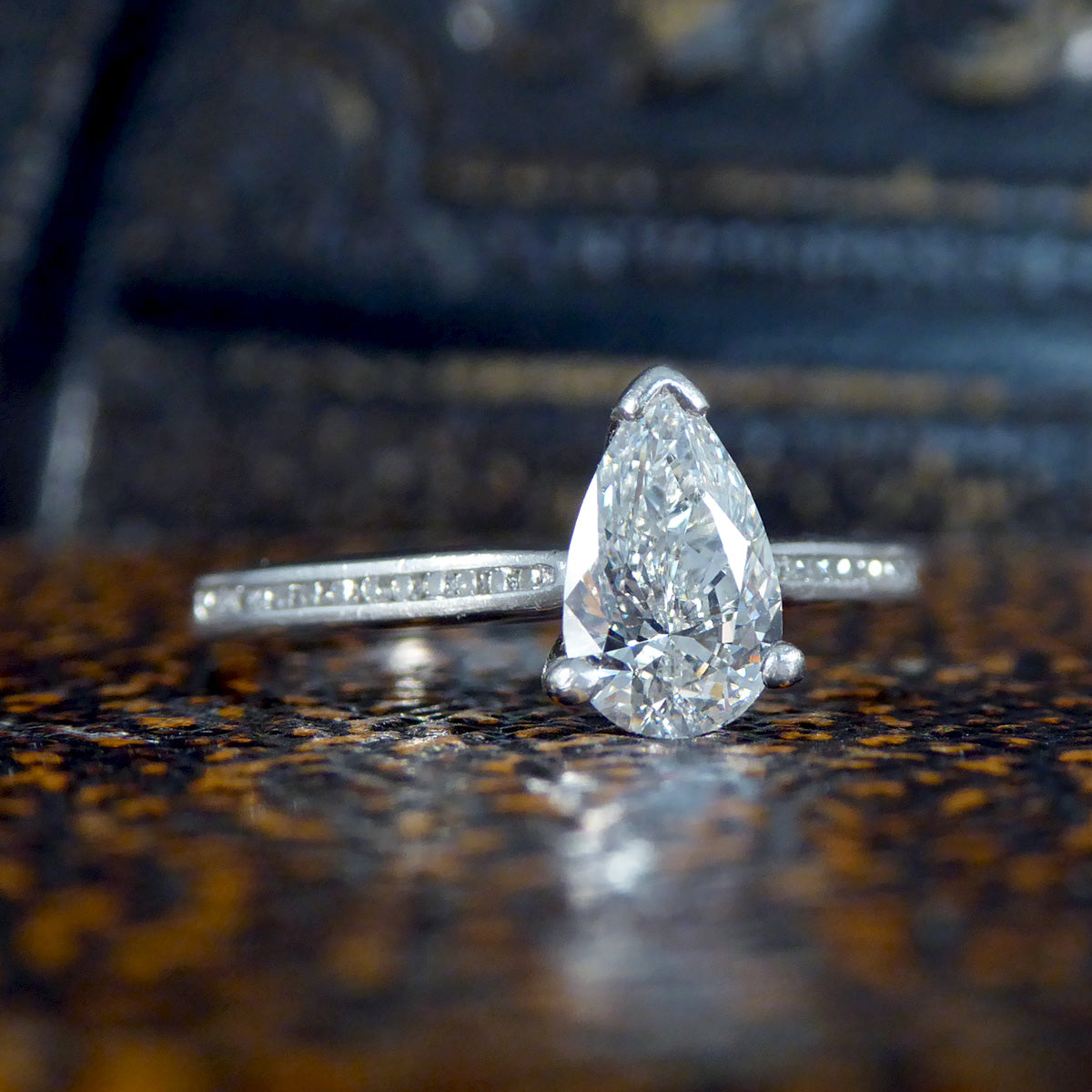 GIA Cert Pear Cut Diamond Engagement Ring with Diamond Shoulder in Platinum