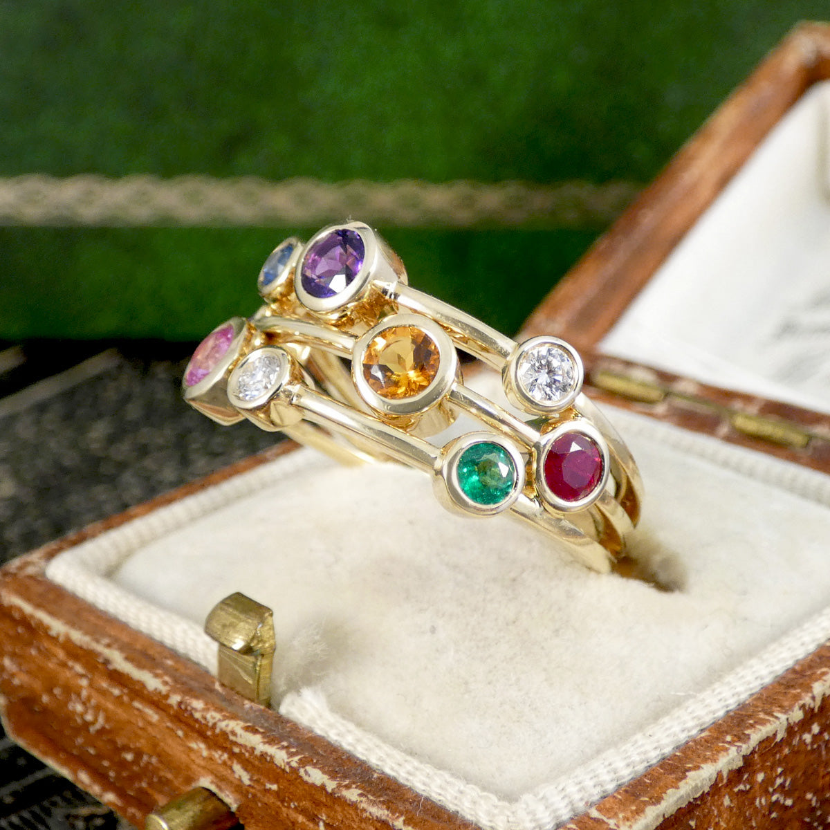 Multi Gem set bubble ring in yellow gold full of colour
