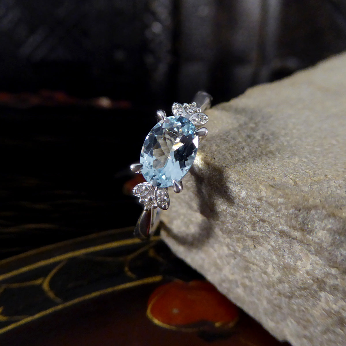 Dainty Aquamarine Ring with Diamond Set Shoulders in White Gold - Wharfedale Antiques