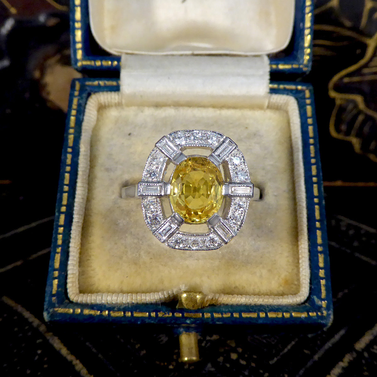 Art Deco Inspired Yellow Sapphire and Diamond Sunshine Cluster Ring in Platinum - Wharfedale Antiques