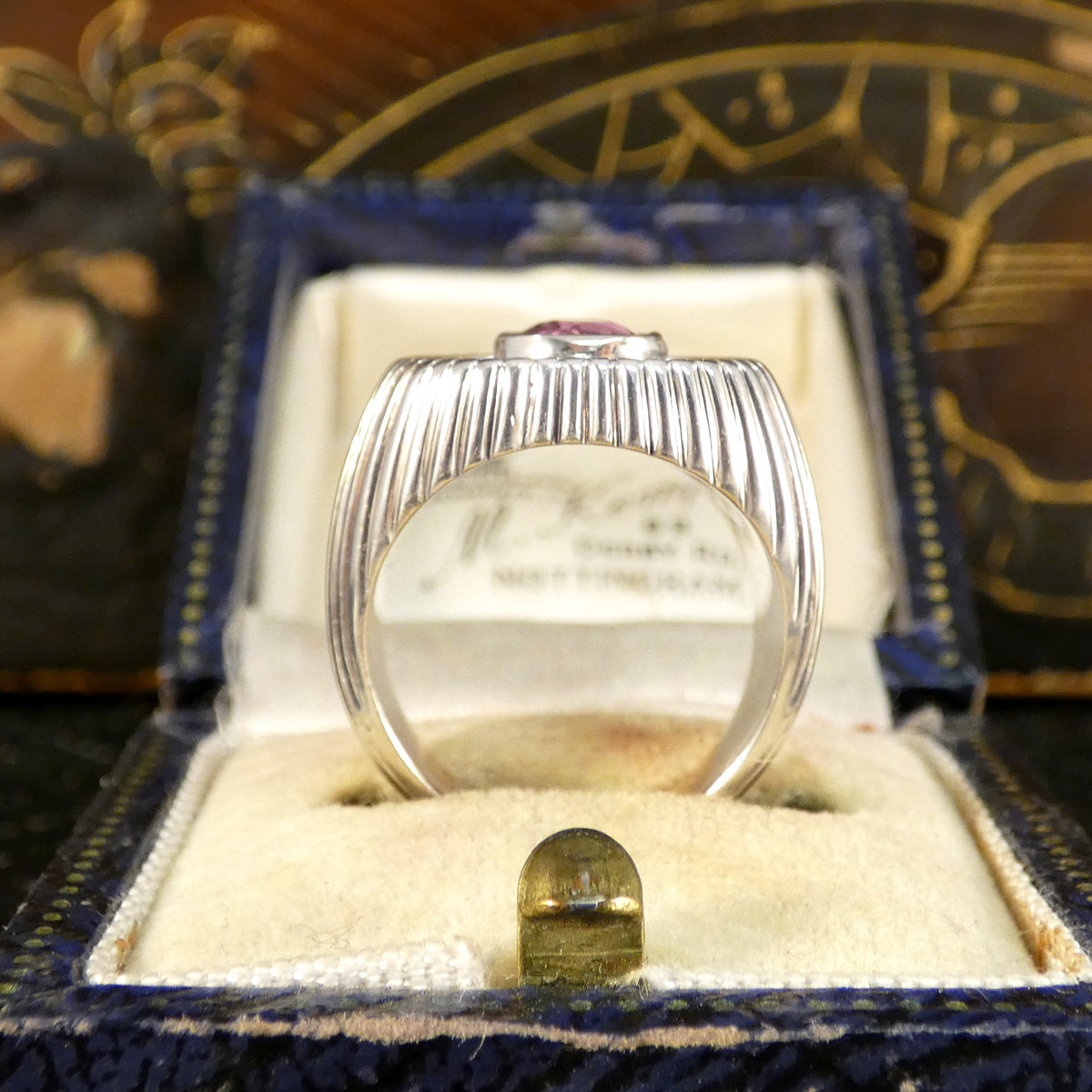 Chunky French Signet Ring with a Pink Sapphire and Diamond Cluster in Platinum - Wharfedale Antiques