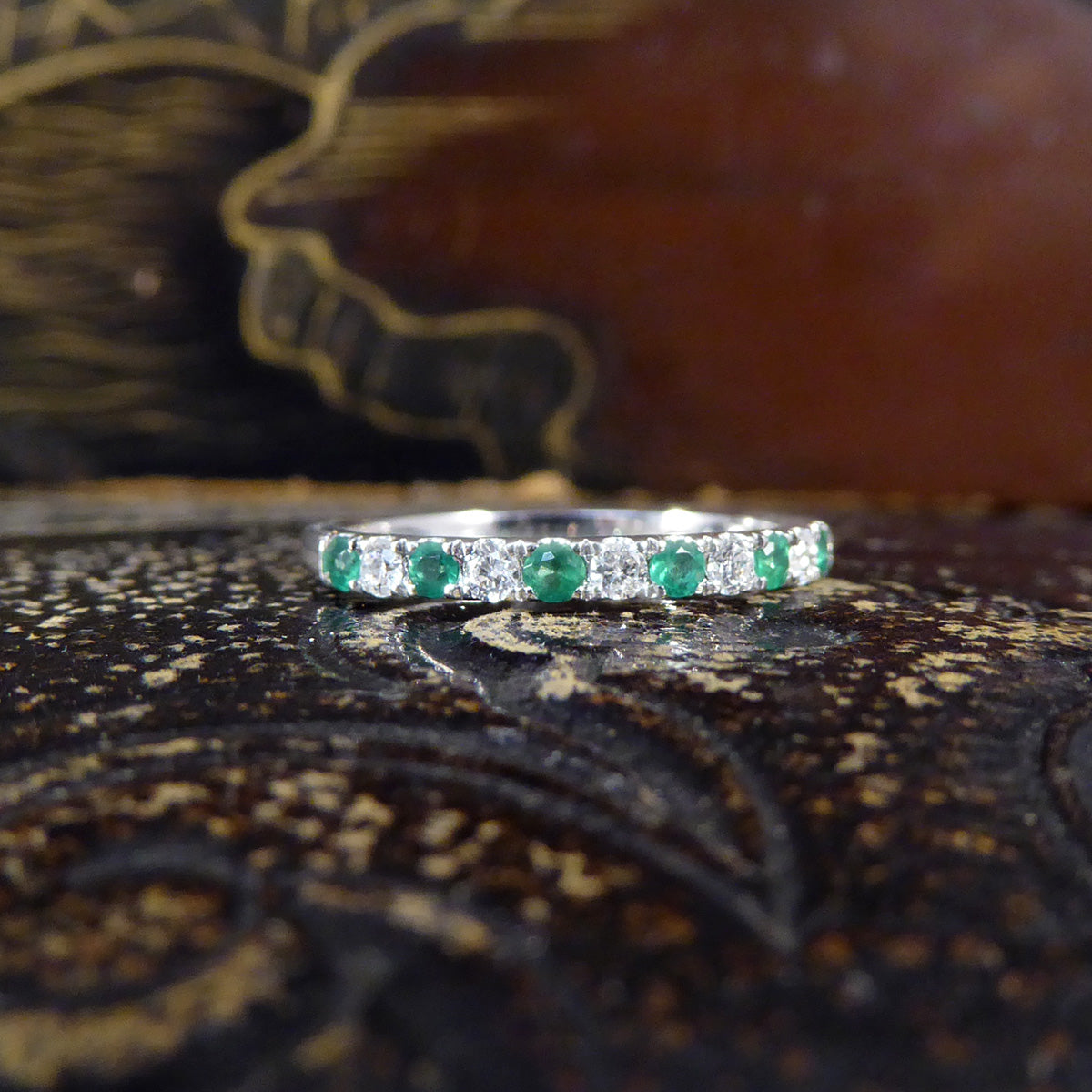 Emerald and Diamond Half Eternity Ring in White Gold - Wharfedale Antiques
