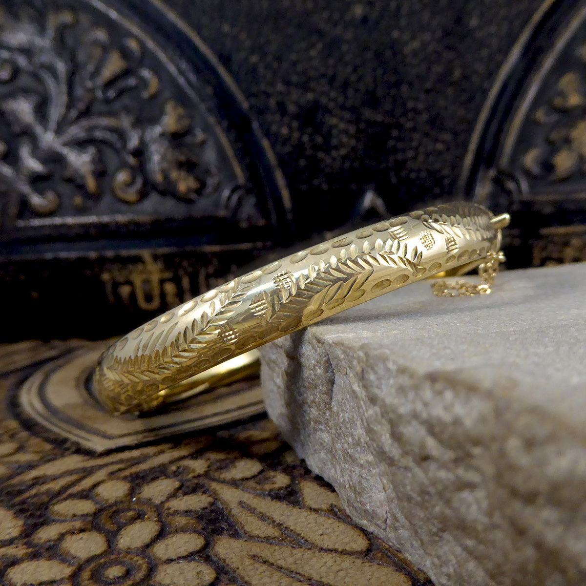 Vintage Yellow Gold Engraved Bangle with Safety Chain - Wharfedale Antiques