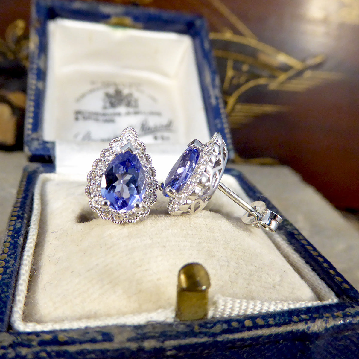 Pear Cut Tanzanite and Diamond Cluster Earrings in White Gold - Wharfedale Antiques