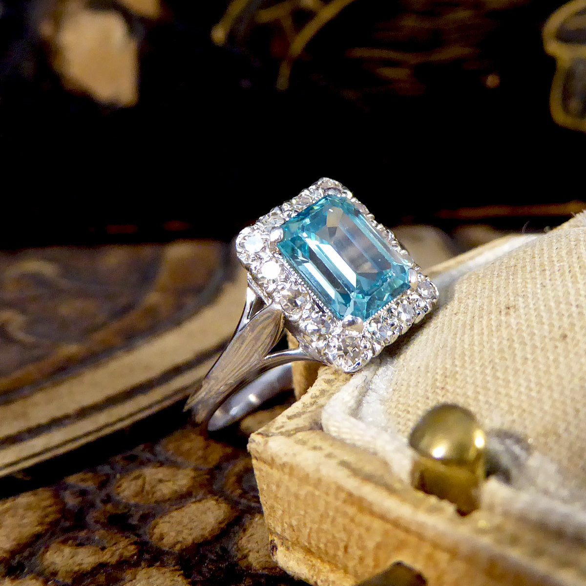 Blue Zircon and Diamond Cluster ring in 18ct White Gold and Platinum