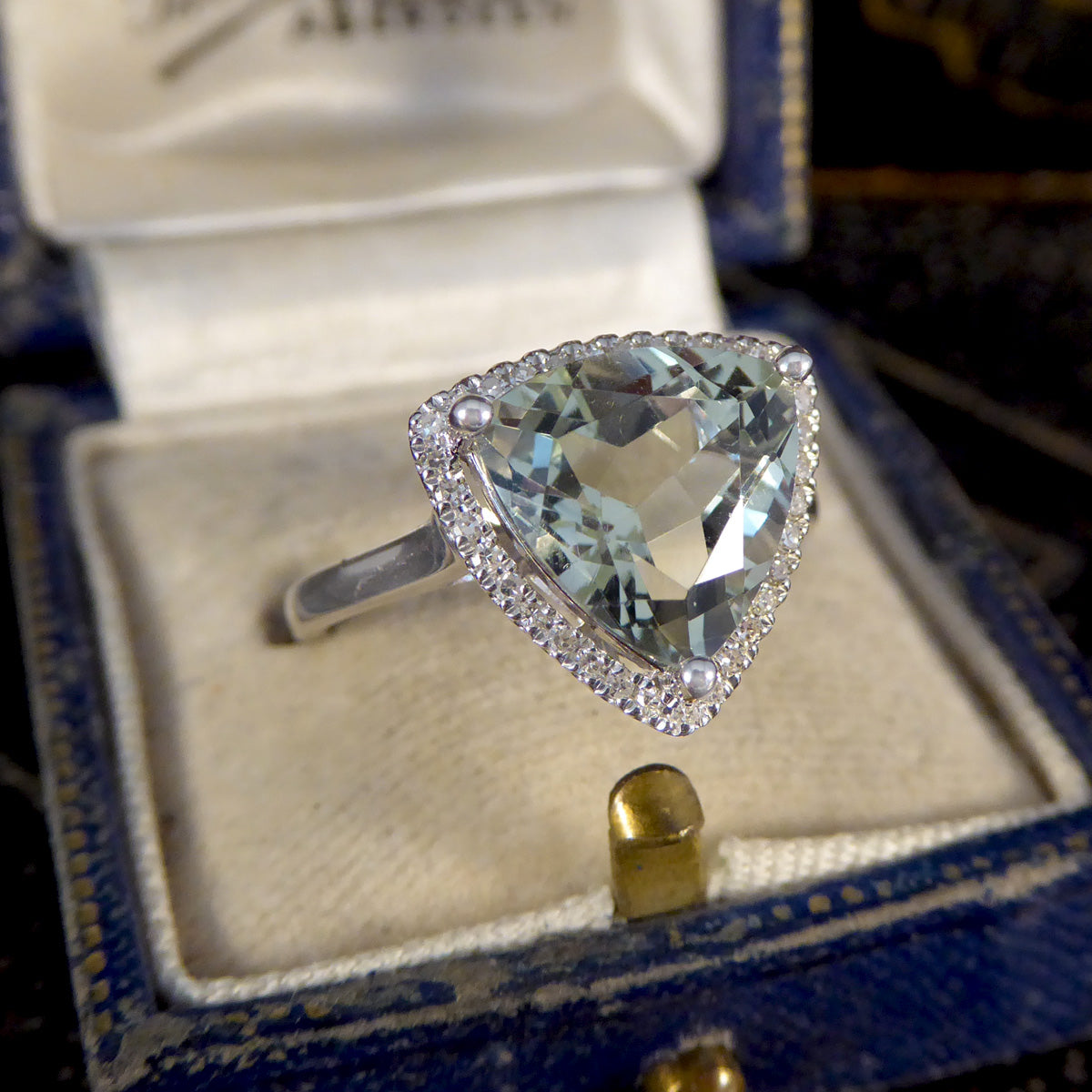 Majestic Trillion Cut Green Amethyst and Diamond Halo Dress Ring in White Gold - Wharfedale Antiques