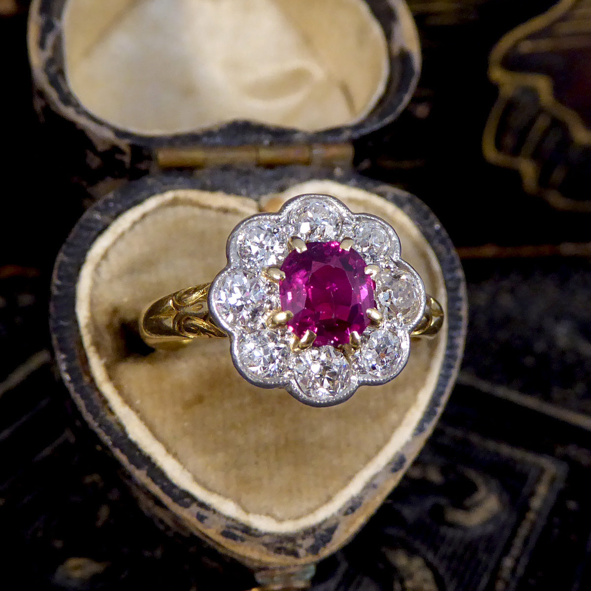 Late Victorian No Heat Burma Ruby and Diamond Cluster Ring in 18ct Yellow Gold